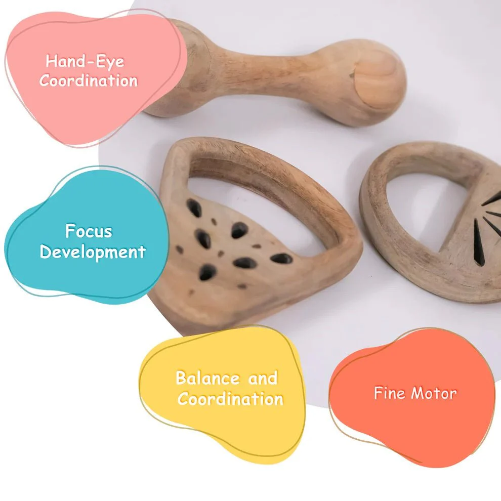 Wooden Rattle Set Baby Toy | Tangerine, Watermelon & Dumbbell - Image 5