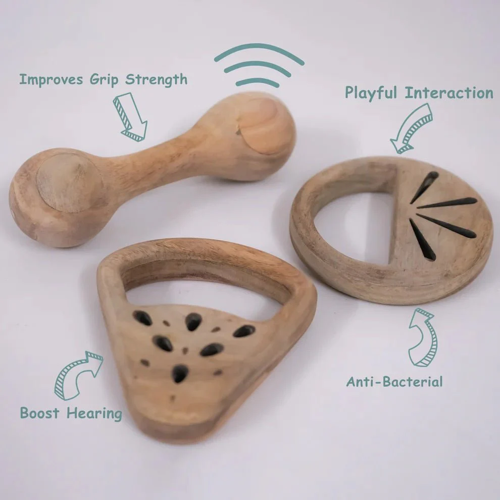 Wooden Rattle Set Baby Toy | Tangerine, Watermelon & Dumbbell - Image 6