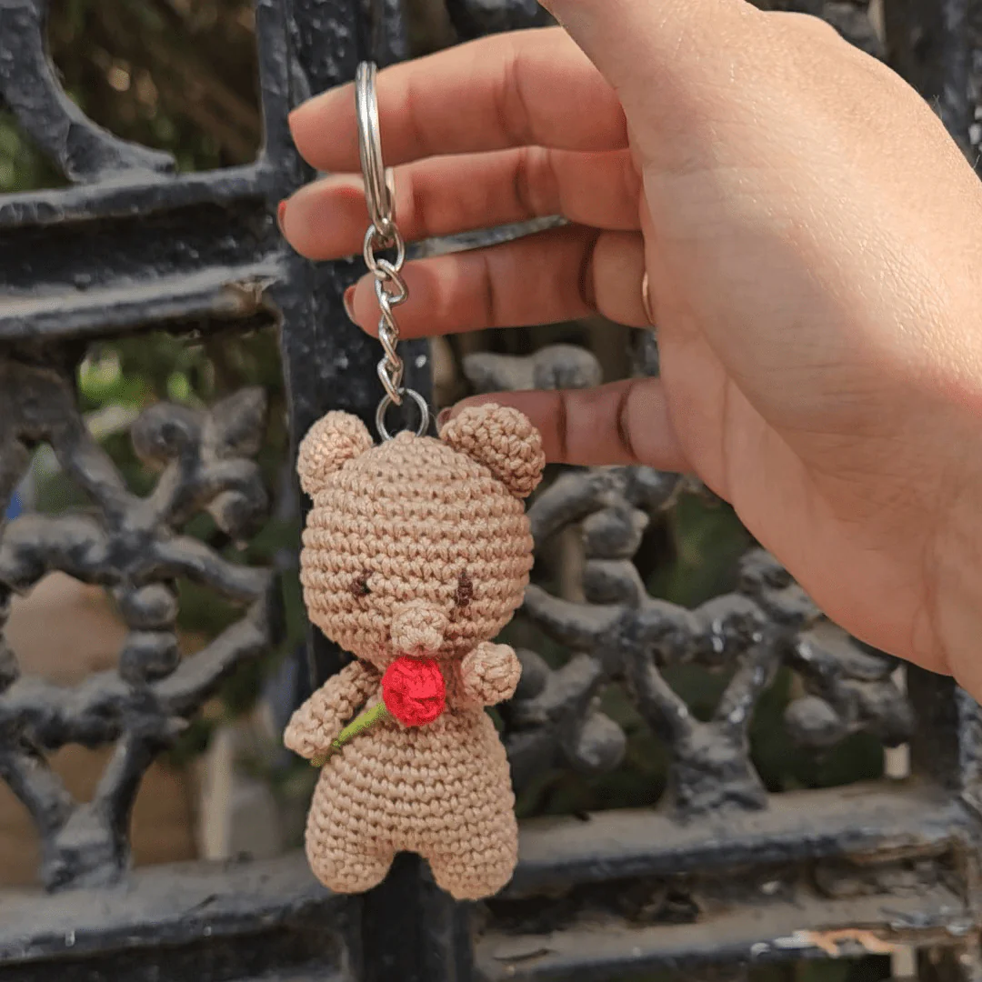 Teddy with Rose Keychain - Cute Handmade Crochet Charm - Image 2