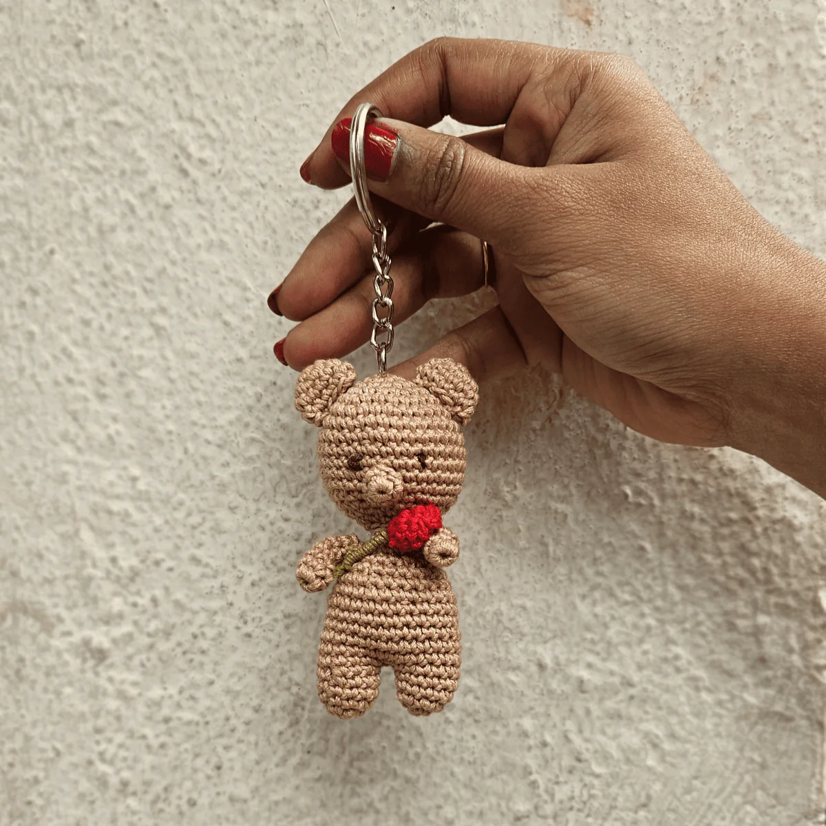 Teddy with Rose Keychain - Cute Handmade Crochet Charm - Image 3