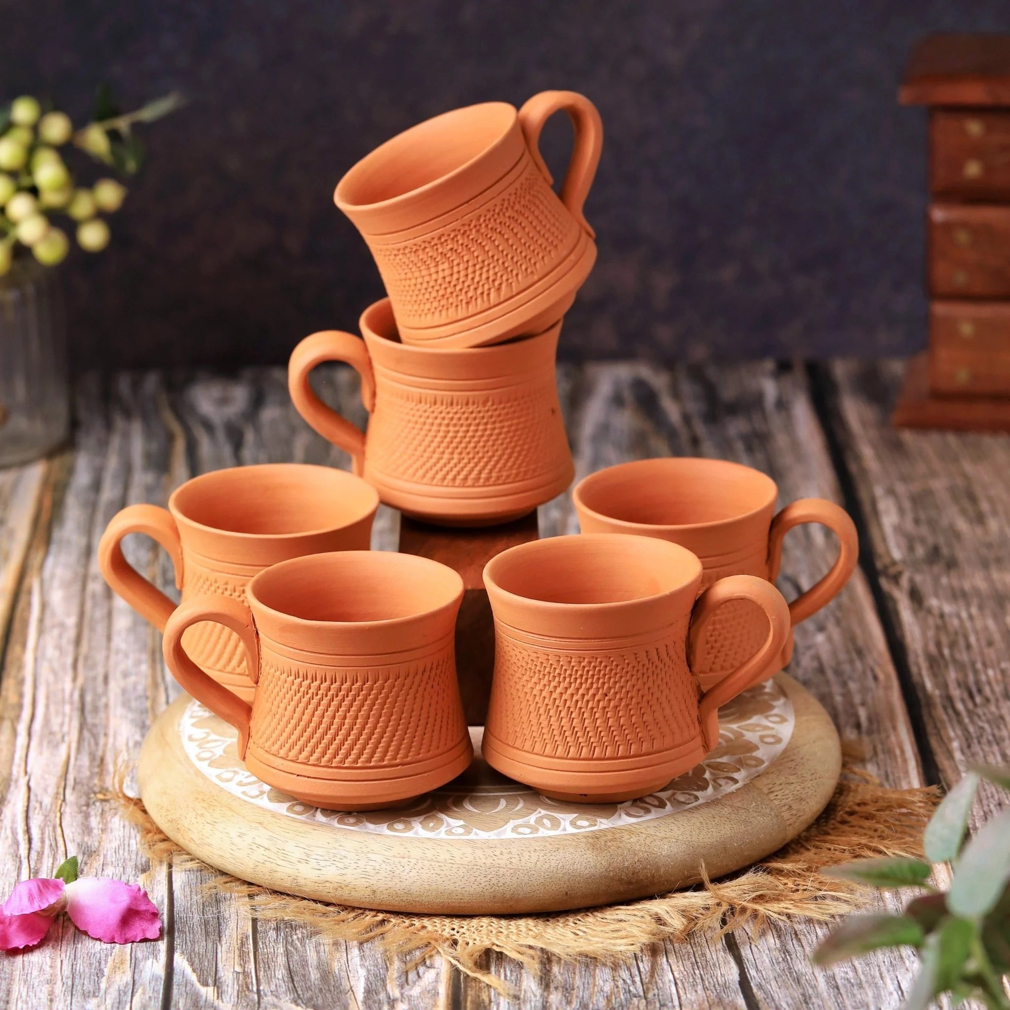 Terracotta Royal Tea Cup Set of 6 – Handcrafted Natural Clay Tea Cups - Image 2