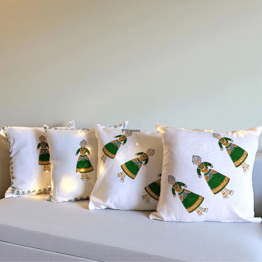 Thanjore Green Handblock Cushion Covers 24x24 inch – Set of 2 (Large)