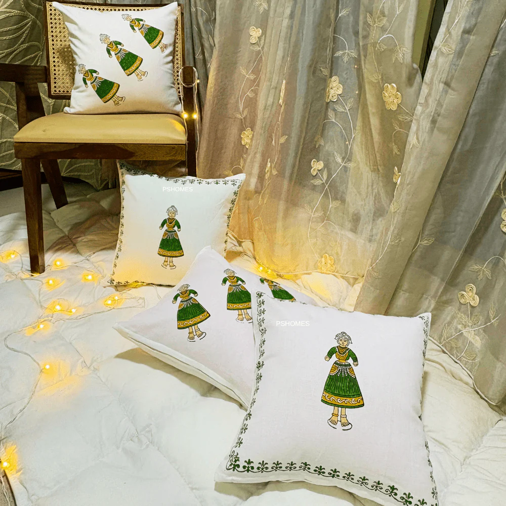 Thanjore Green Handblock Cushion Covers 24x24 inch – Set of 2 (Large) - Image 3