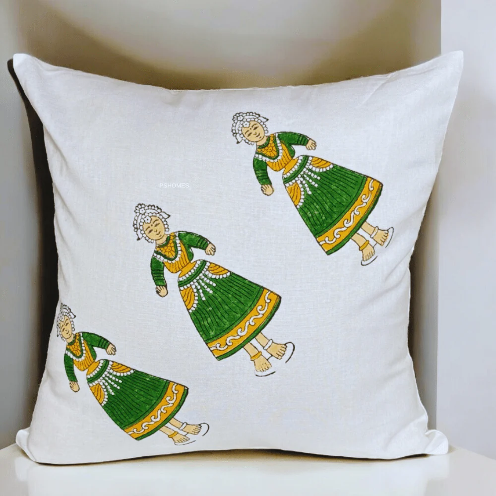 Thanjore Green Handblock Cushion Covers 24x24 inch – Set of 2 (Large) - Image 4