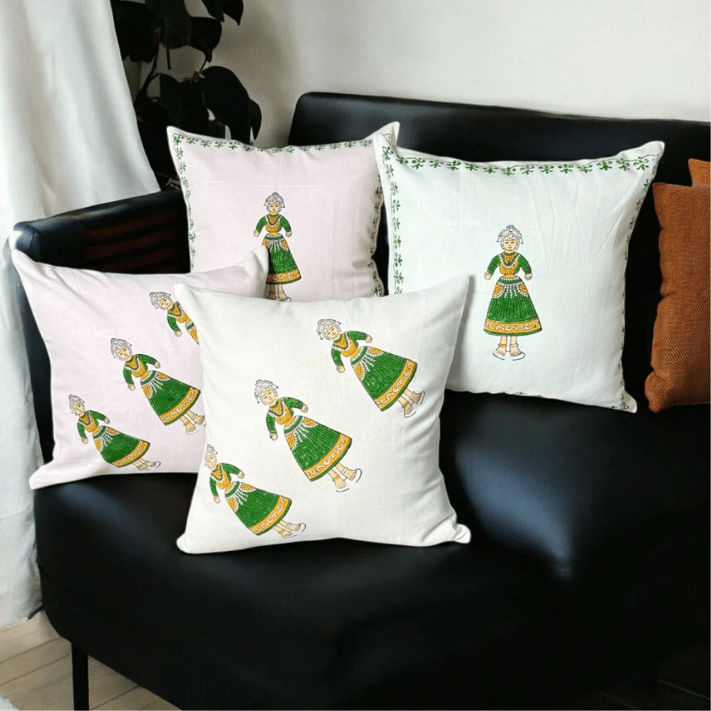 Thanjore Green Handblock Cushion Covers 24x24 inch – Set of 2 (Large) - Image 5