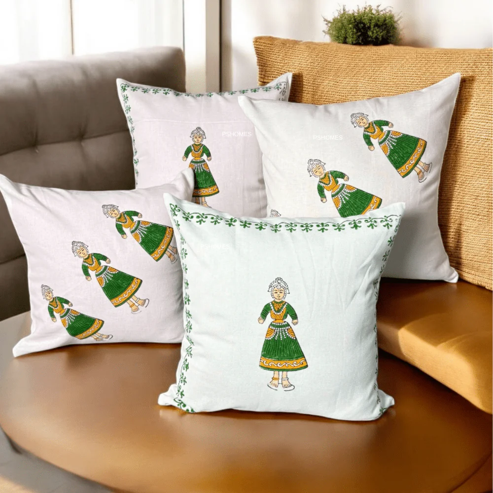 Thanjore Green Handblock Cushion Covers 24x24 inch – Set of 2 (Large) - Image 6