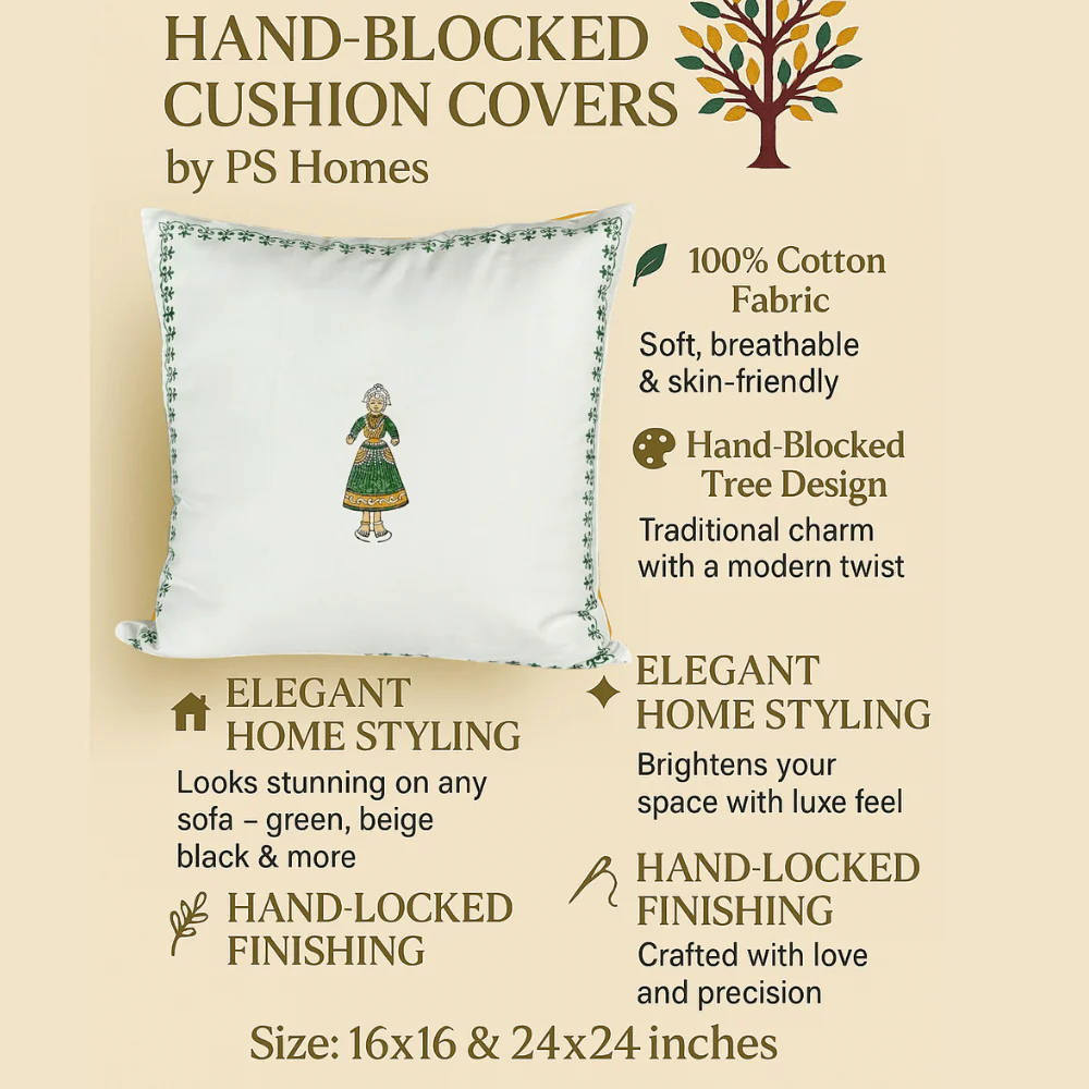 Thanjore Green Handblock Cushion Covers 24x24 inch – Set of 2 (Large) - Image 7