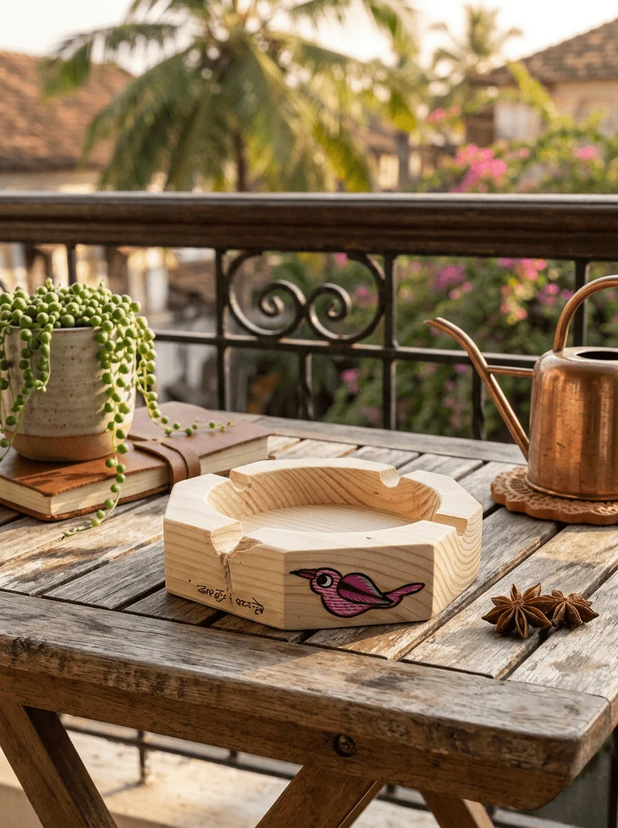 The Sacred Bird: Pine Wood Ashtray with Ethnic Tribal Detailing