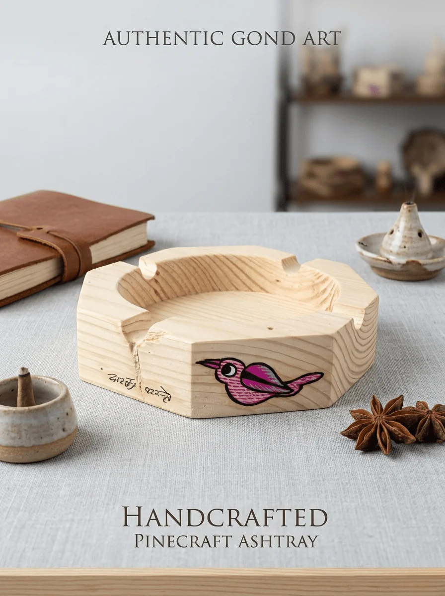 The Sacred Bird: Pine Wood Ashtray with Ethnic Tribal Detailing - Image 2