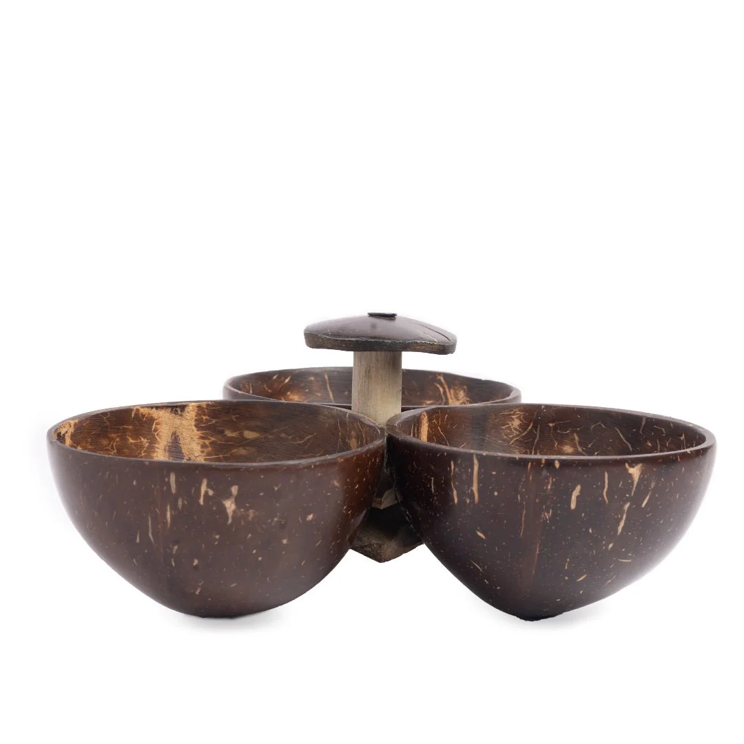 Three bowl serving set + 3 spoons | Made of coconut shell - Image 3