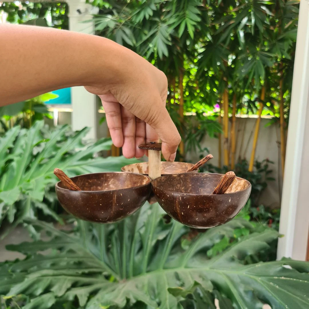 Three bowl serving set + 3 spoons | Made of coconut shell - Image 4