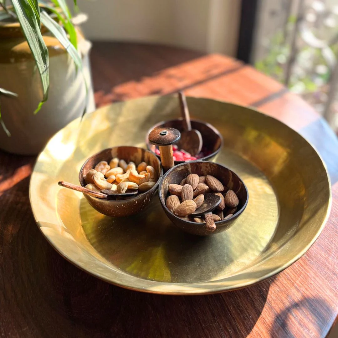 Three bowl serving set + 3 spoons | Made of coconut shell - Image 5