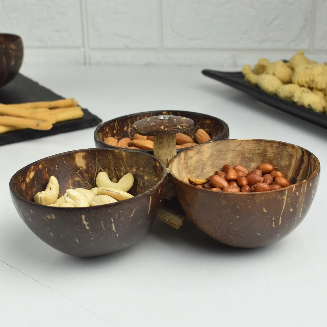 Three bowl serving set + 3 spoons | Made of coconut shell - Image 6