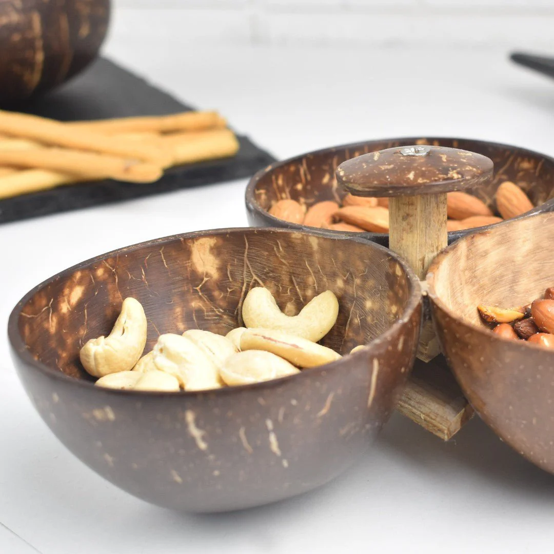 Three bowl serving set + 3 spoons | Made of coconut shell - Image 7