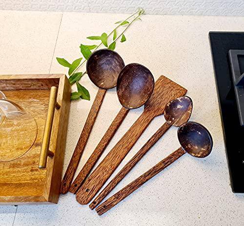 Coconut Shell & Wood Cooking Set, Spatula, Large Spoon & 3 Size Ladles