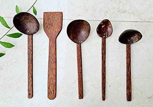 Coconut Shell & Wood Cooking Set, Spatula, Large Spoon & 3 Size Ladles - Image 2