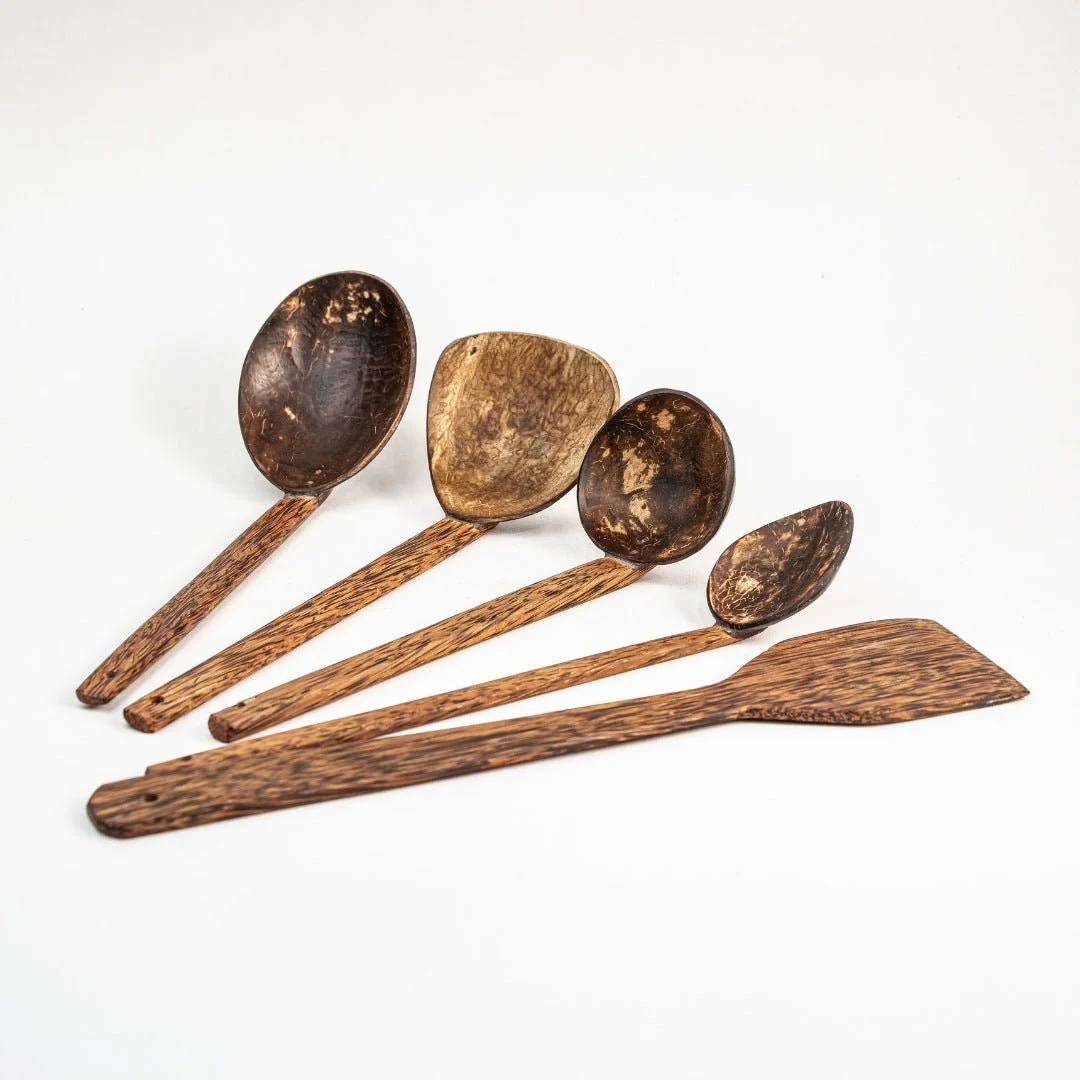 Coconut Shell & Wood Cooking Set, Spatula, Large Spoon & 3 Size Ladles - Image 3