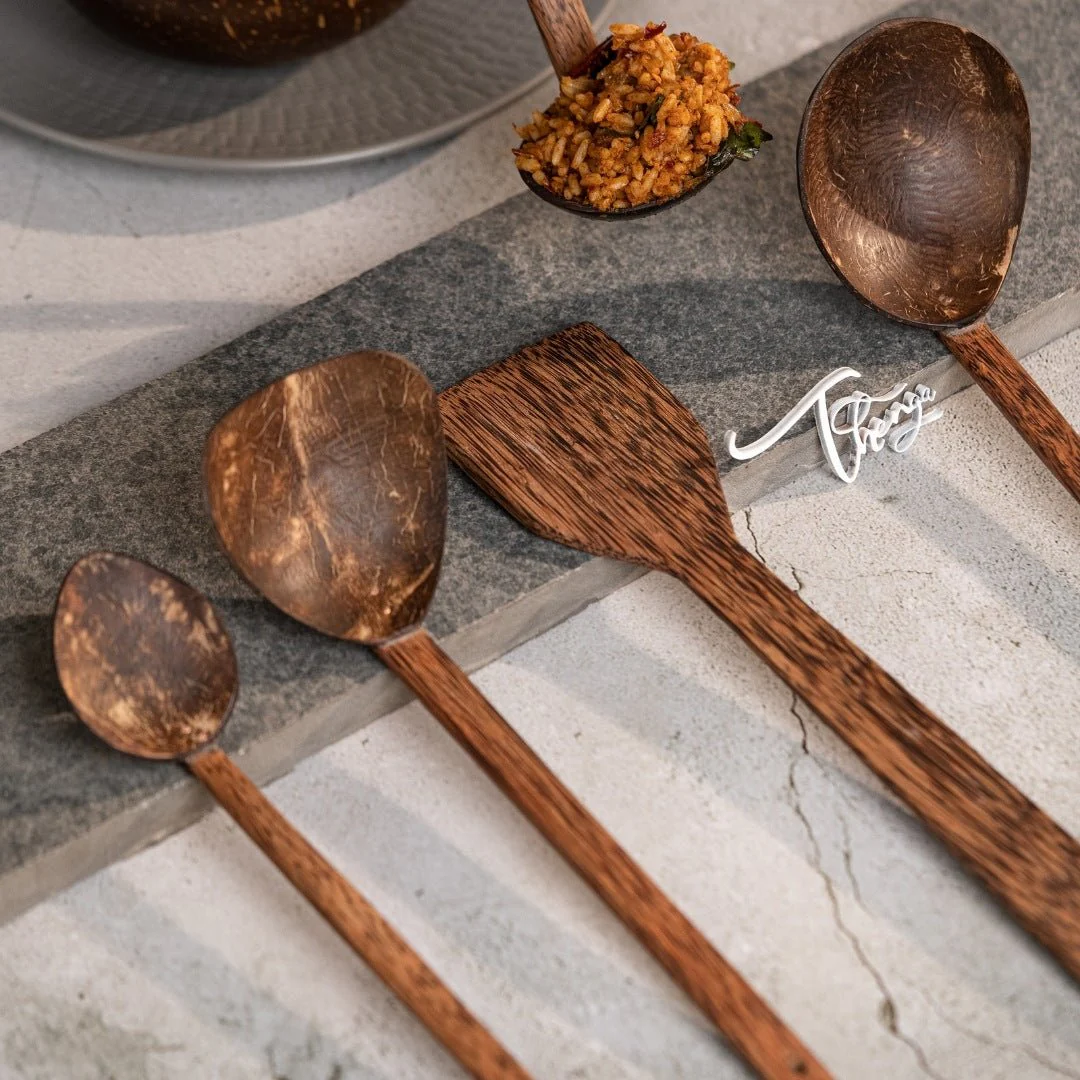 Coconut Shell & Wood Cooking Set, Spatula, Large Spoon & 3 Size Ladles - Image 4