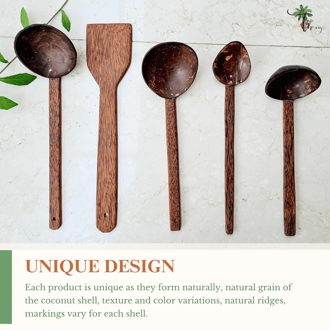 Coconut Shell & Wood Cooking Set, Spatula, Large Spoon & 3 Size Ladles - Image 5