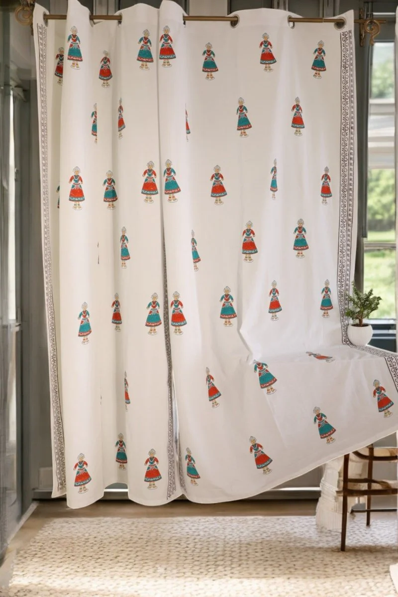 Traditional Doll Print Cotton Door Curtain 7 x 4 Feet (Set of 2) - Image 2