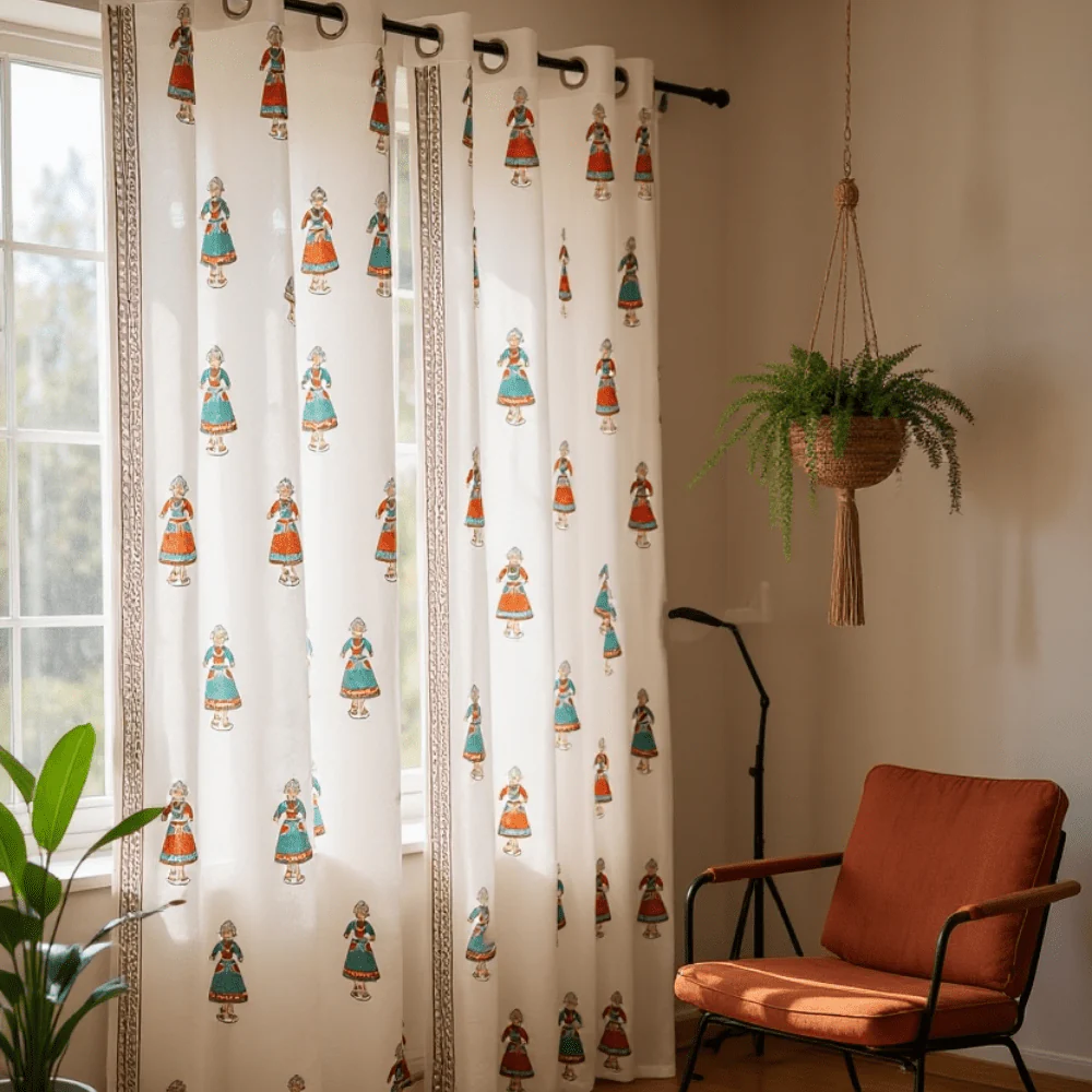 Traditional Doll Print Cotton Door Curtain 7 x 4 Feet (Set of 2) - Image 5