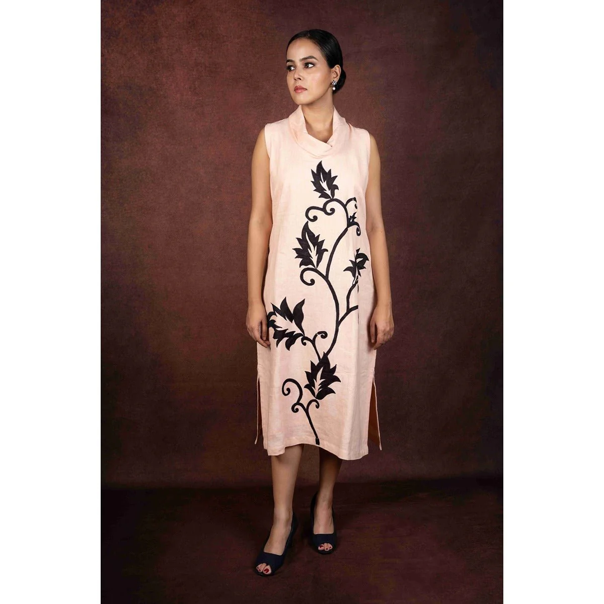 Vanya Peach Cowl Neck Dress With Applique Work