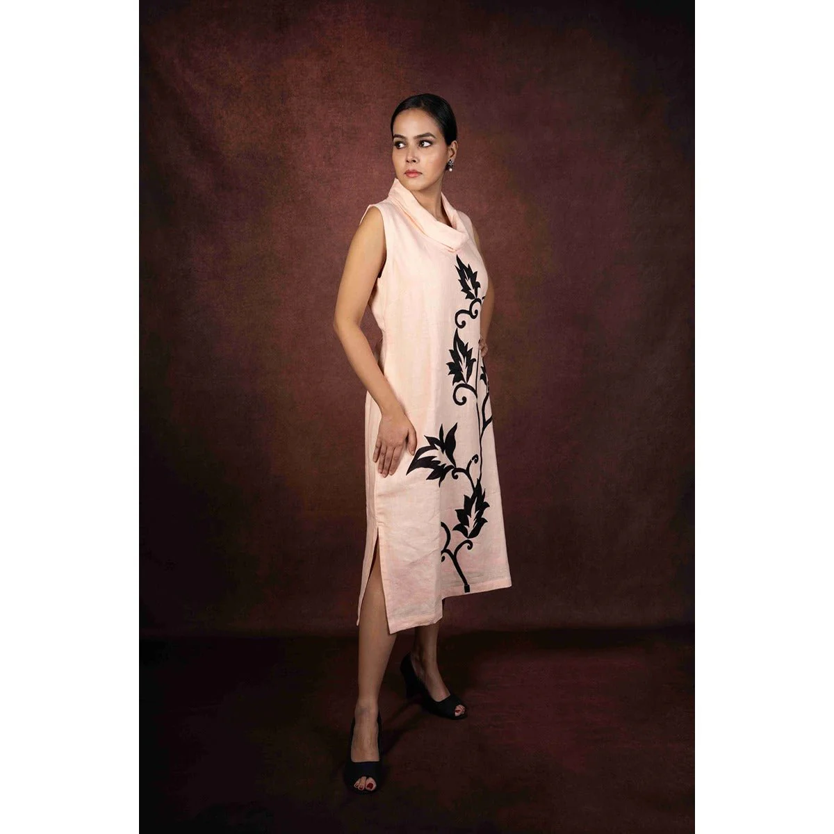 Vanya Peach Cowl Neck Dress With Applique Work - Image 5