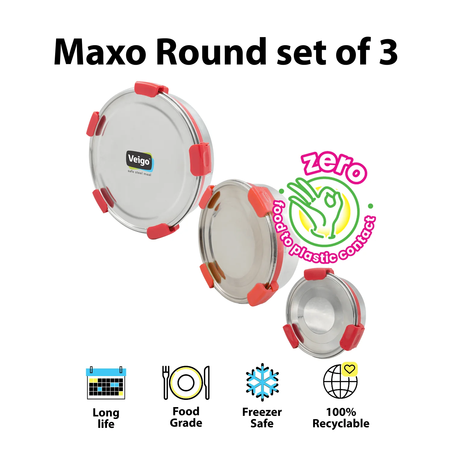 MaxoSteel Round Stainless Steel Storage- Set of 3 - Image 6