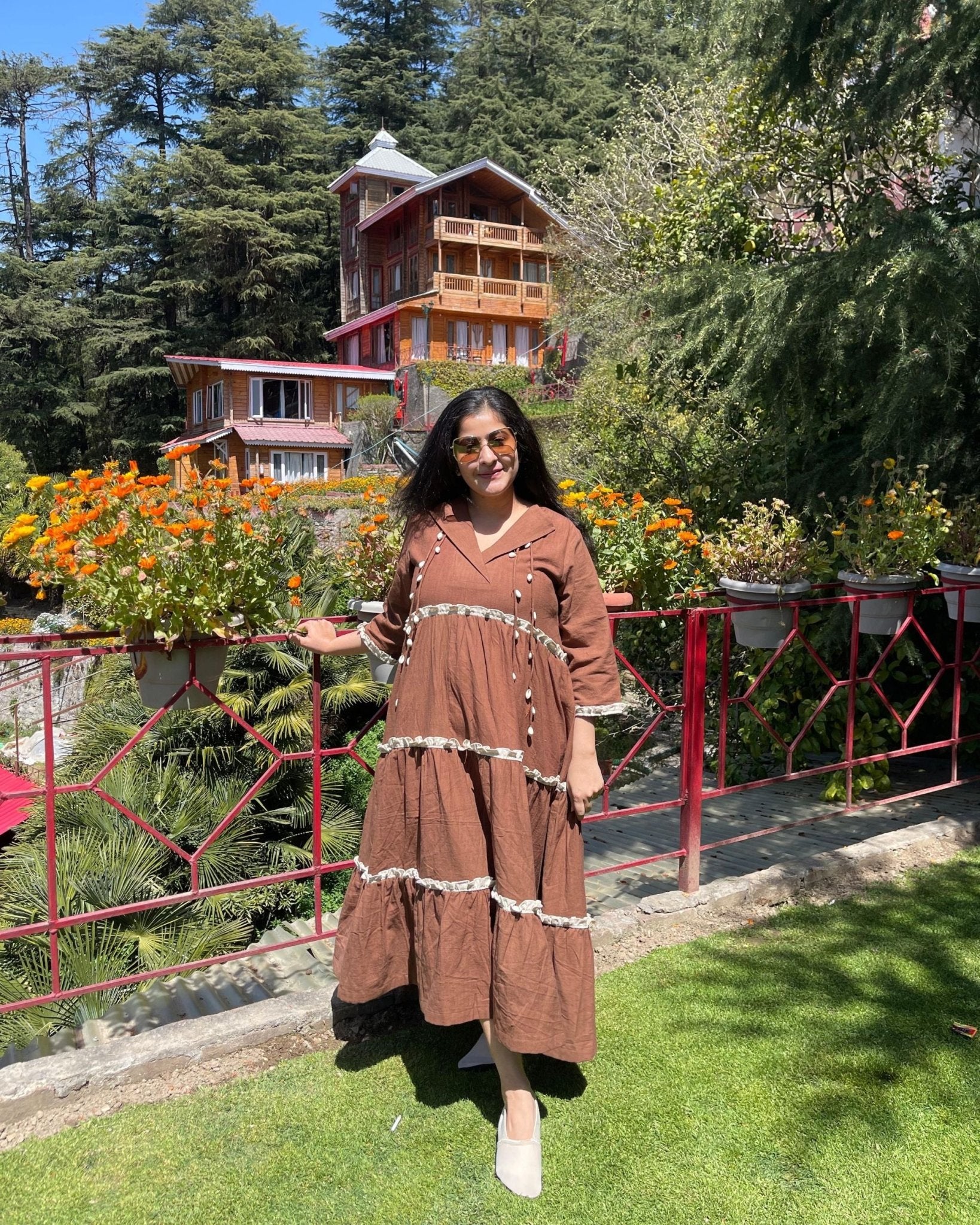 Walnut Brown Handloom Cotton Tiered Maxi Dress | Bohemian Style