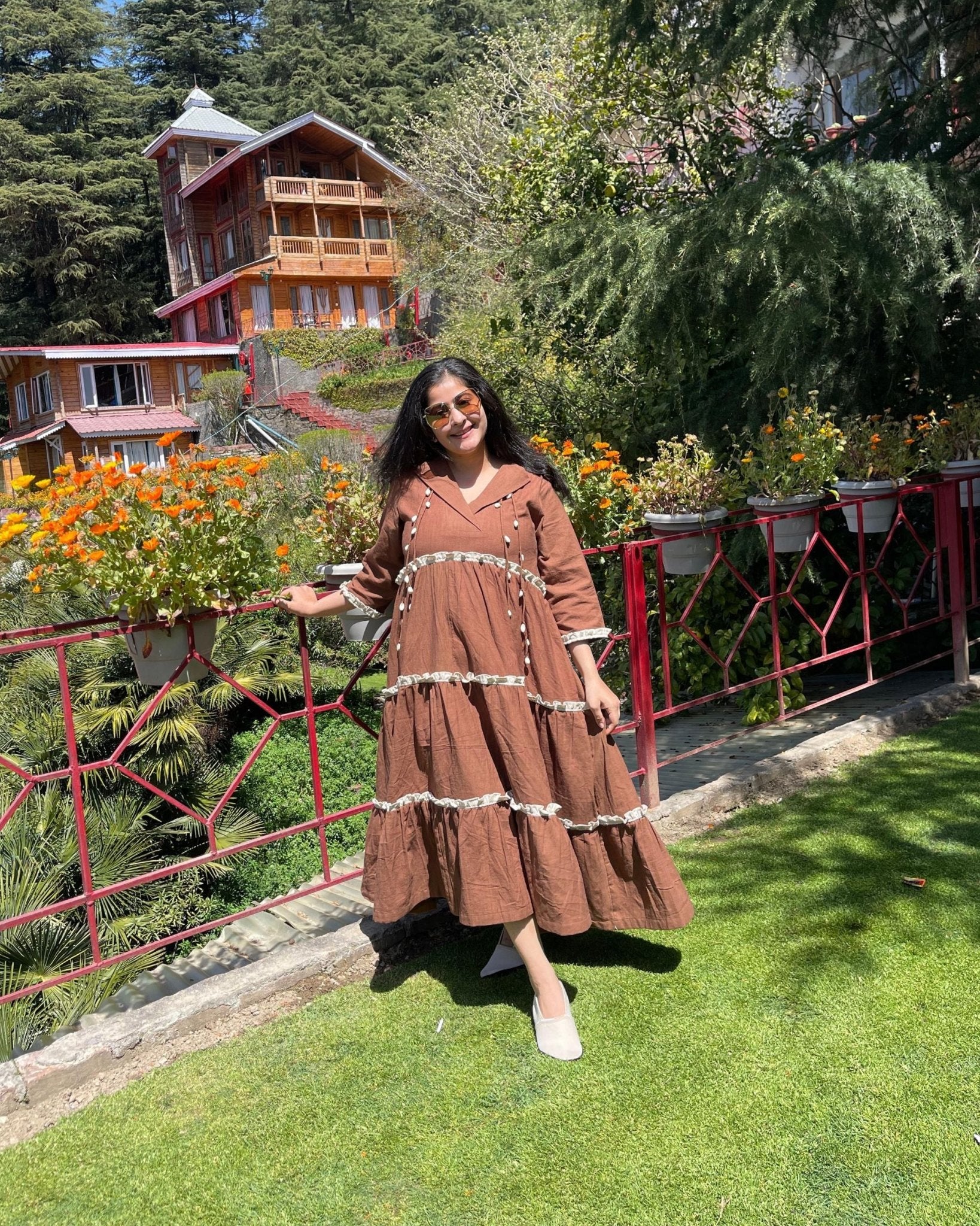 Walnut Brown Handloom Cotton Tiered Maxi Dress | Bohemian Style - Image 2