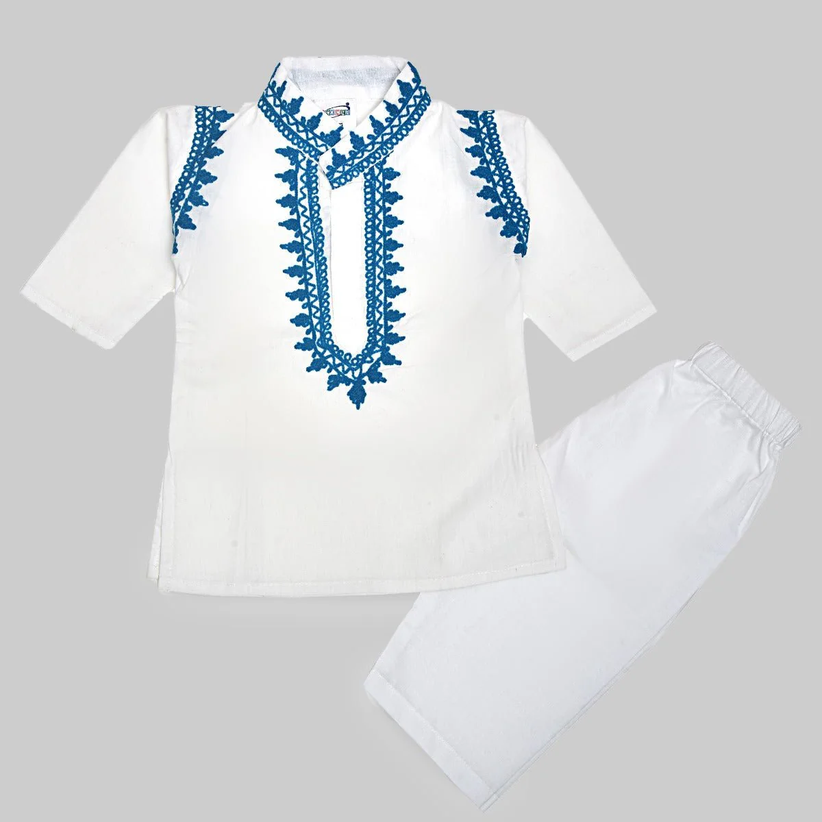 White Cotton Baby Boy Kurta Pajama Set with Kashmiri Ari Embroidery - Image 2