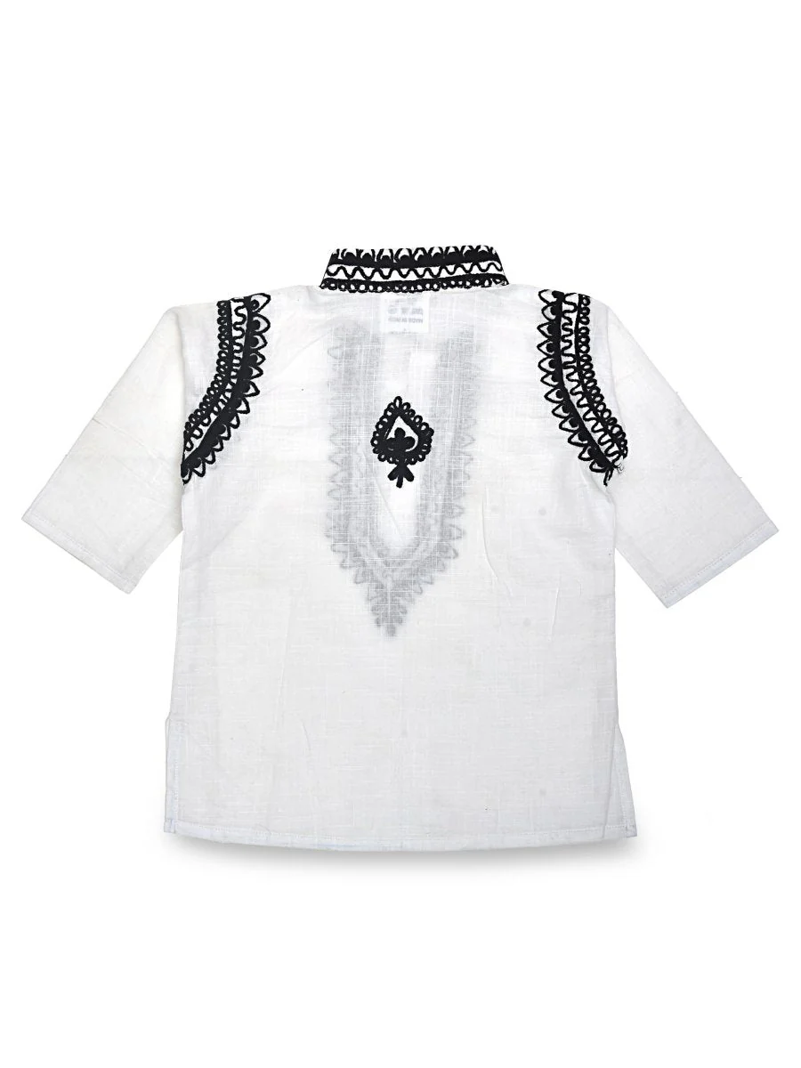 White Cotton Baby Boy Kurta Pajama Set with Kashmiri Ari Embroidery - Image 5