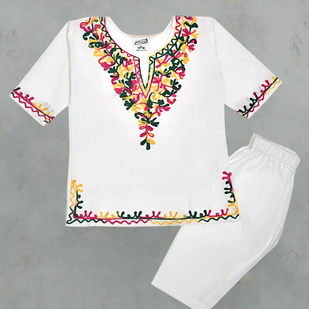 White Cotton Baby Girl Kurta Pajama Set with Kashmiri Ari Embroidery