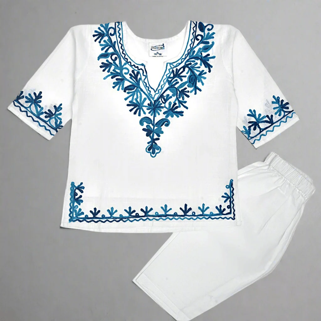 White Cotton Baby Girl Kurta Pajama Set with Kashmiri Ari Embroidery - Image 2