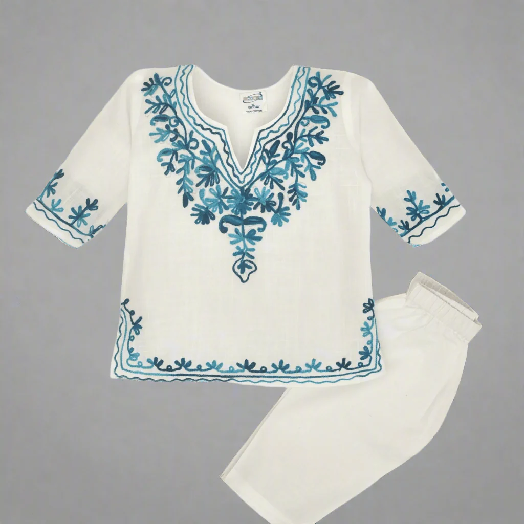 White Cotton Baby Girl Kurta Pajama Set with Kashmiri Ari Embroidery - Image 3