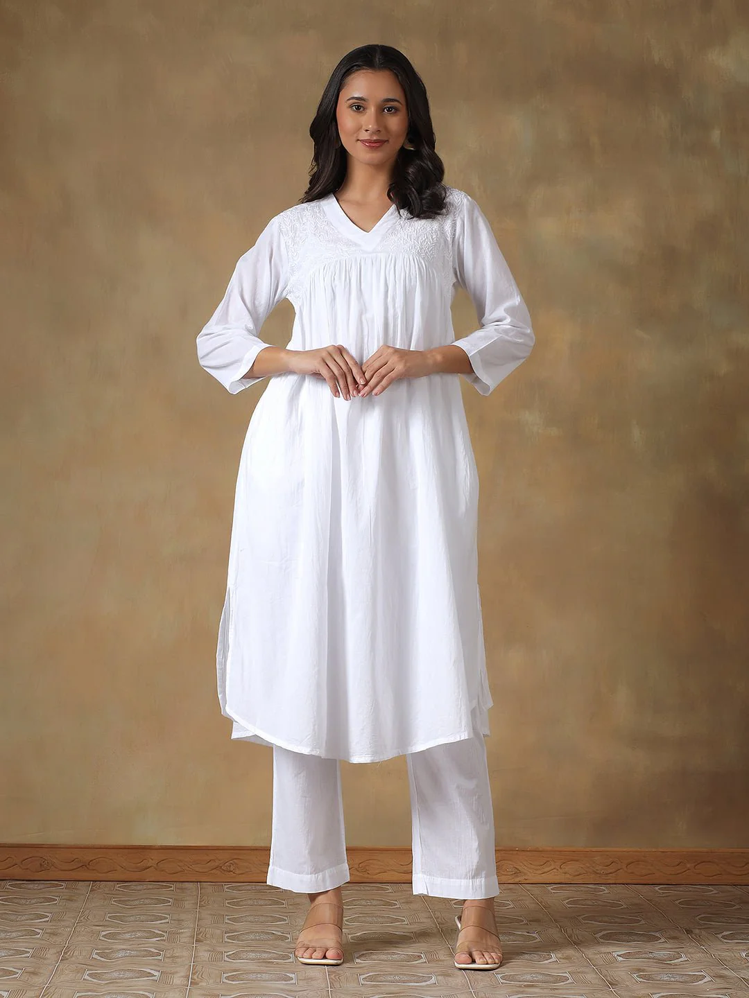 White Cotton Lucknowi Chikankari Kurta-Pant Set - Image 7
