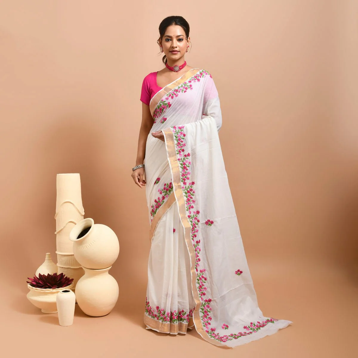 Kerala Cotton Saree with Hand Embroidery
