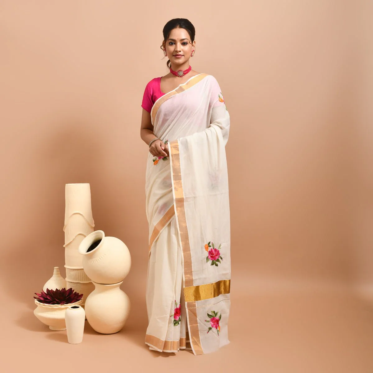 Kerala Cotton Saree with Hand Embroidery - Image 11