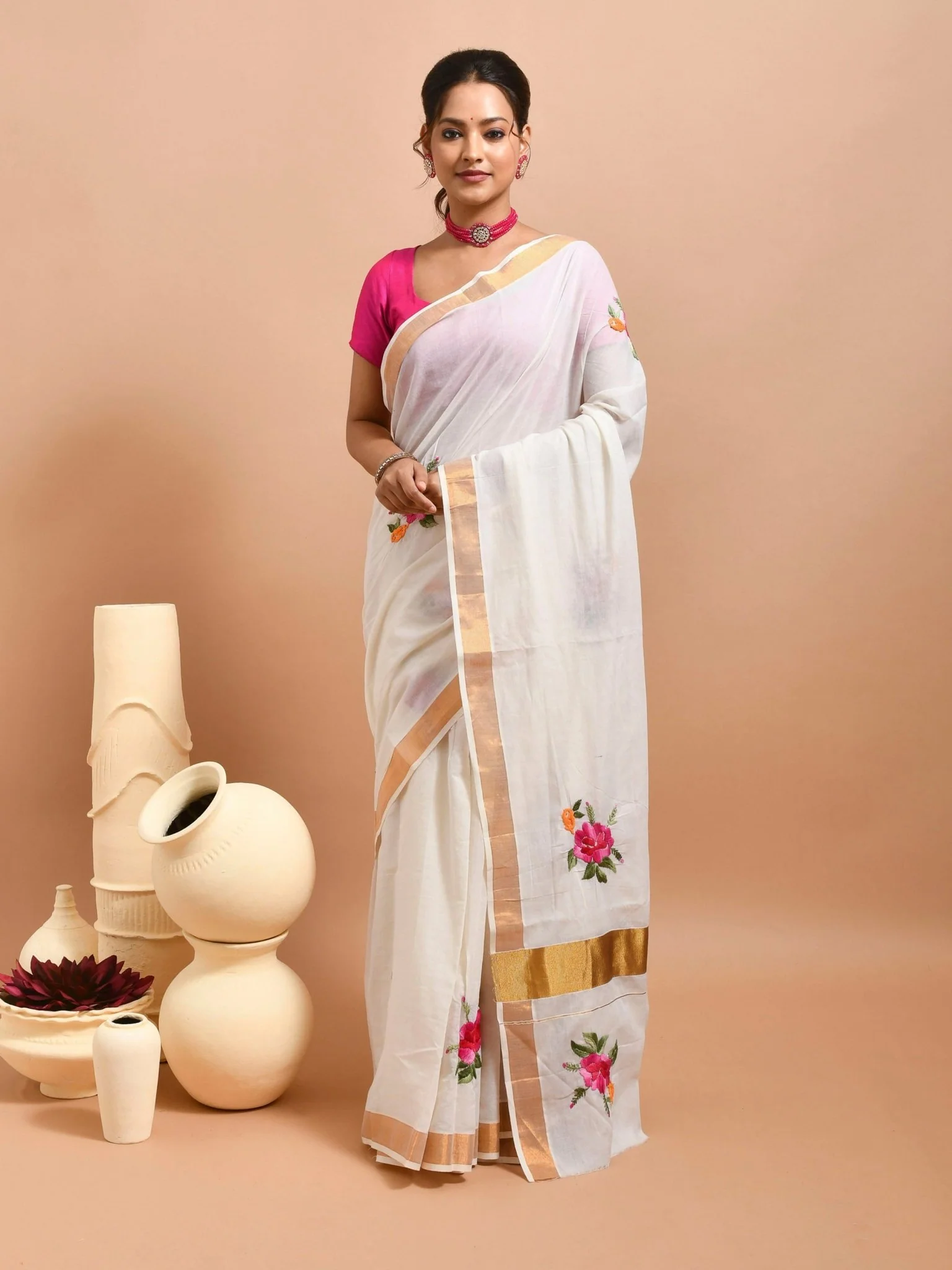 Kerala Cotton Saree with Hand Embroidery - Image 12