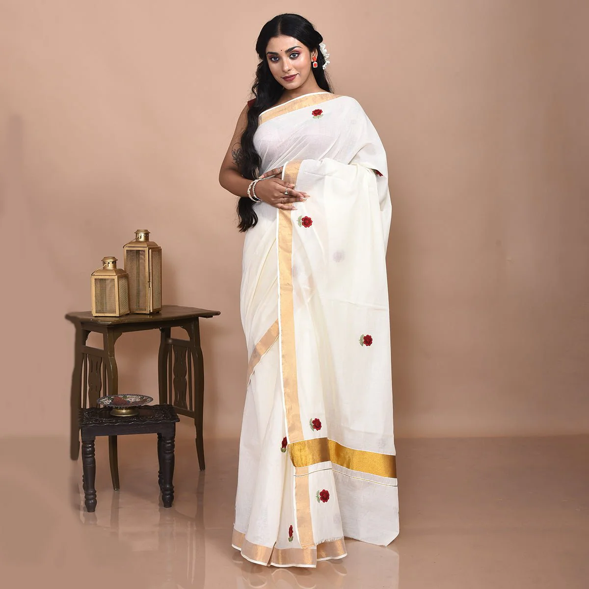 Kerala Cotton Saree with Hand Embroidery - Image 2