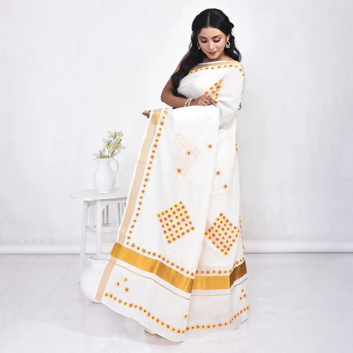 Kerala Cotton Saree with Hand Embroidery - Image 5