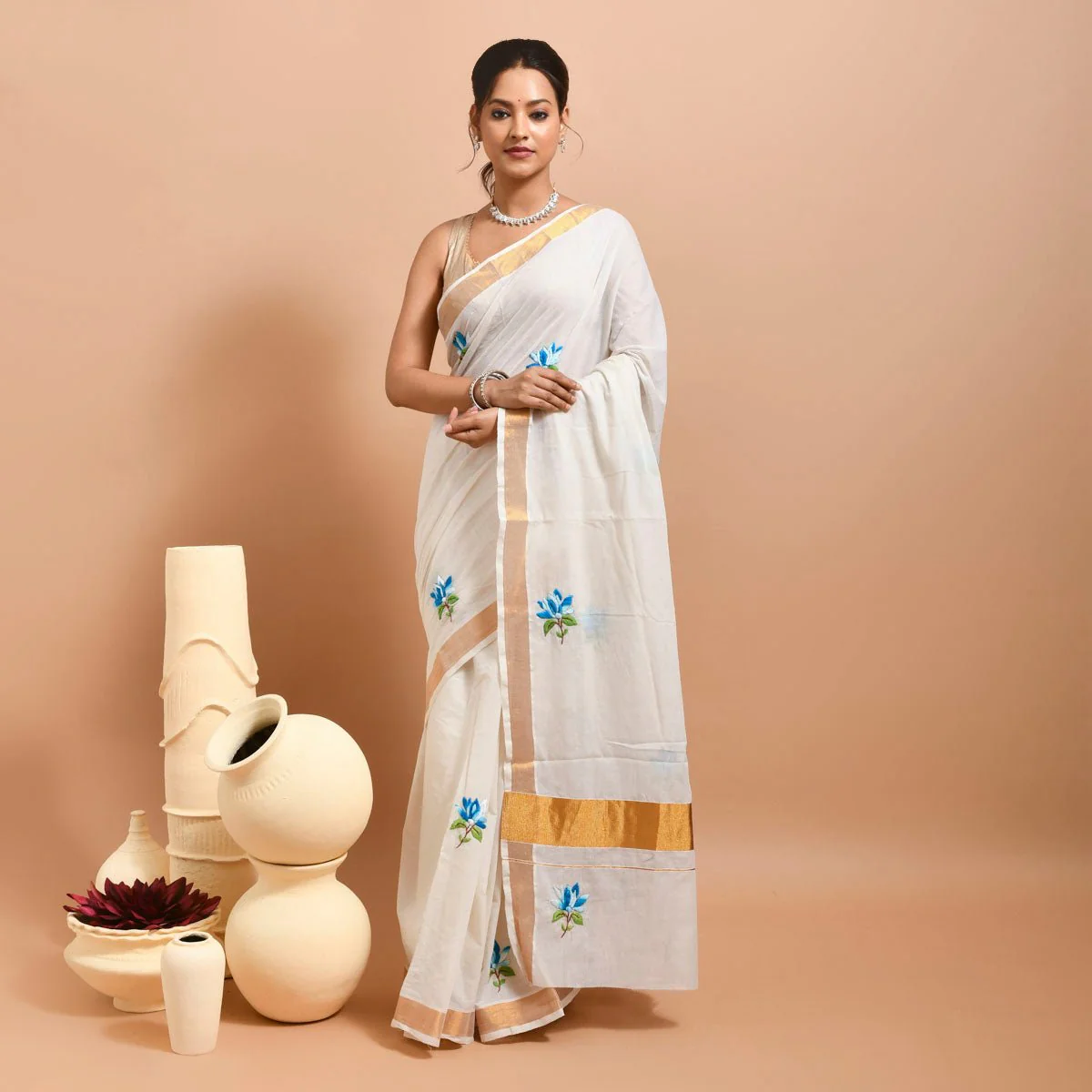Kerala Cotton Saree with Hand Embroidery - Image 6