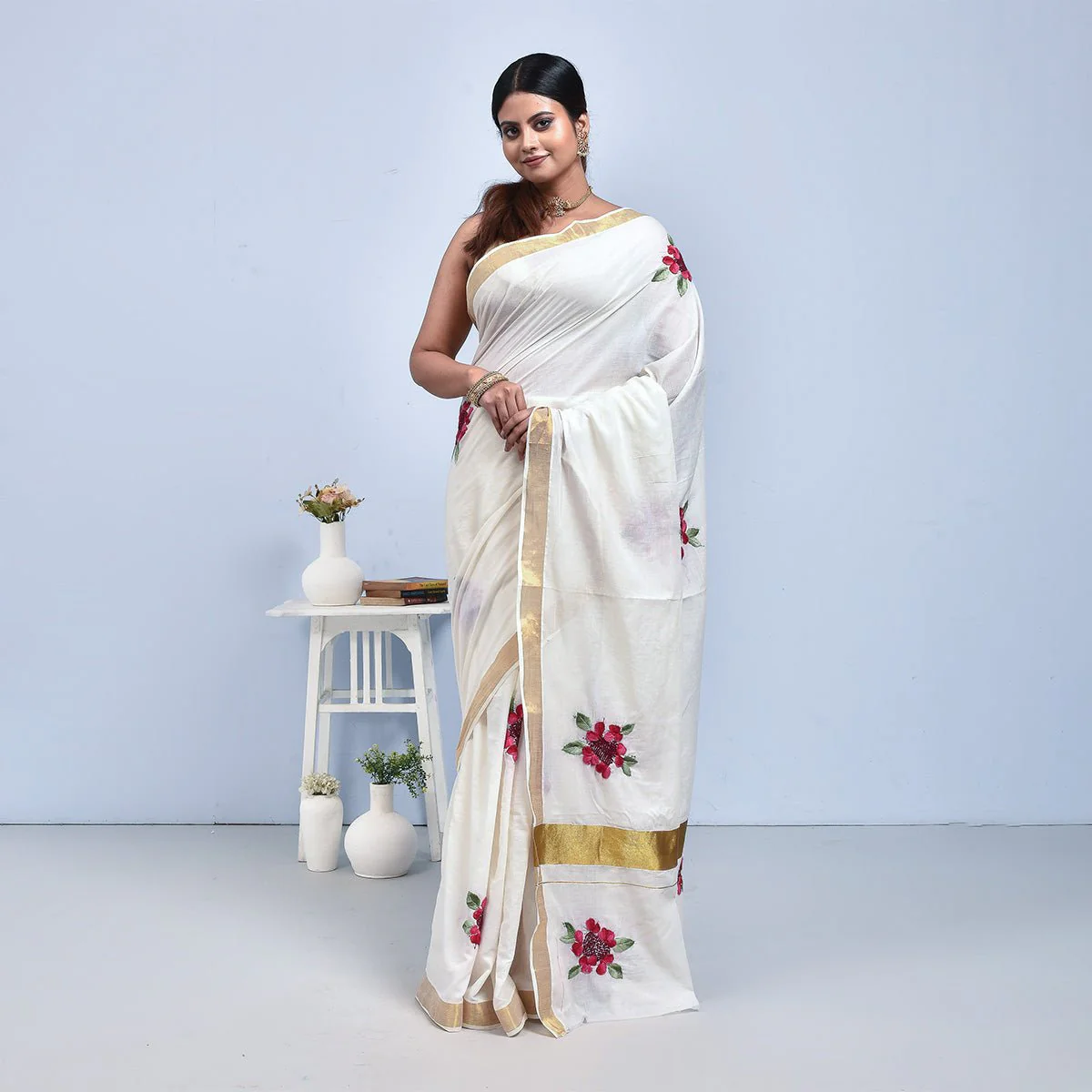 Kerala Cotton Saree with Hand Embroidery - Image 8