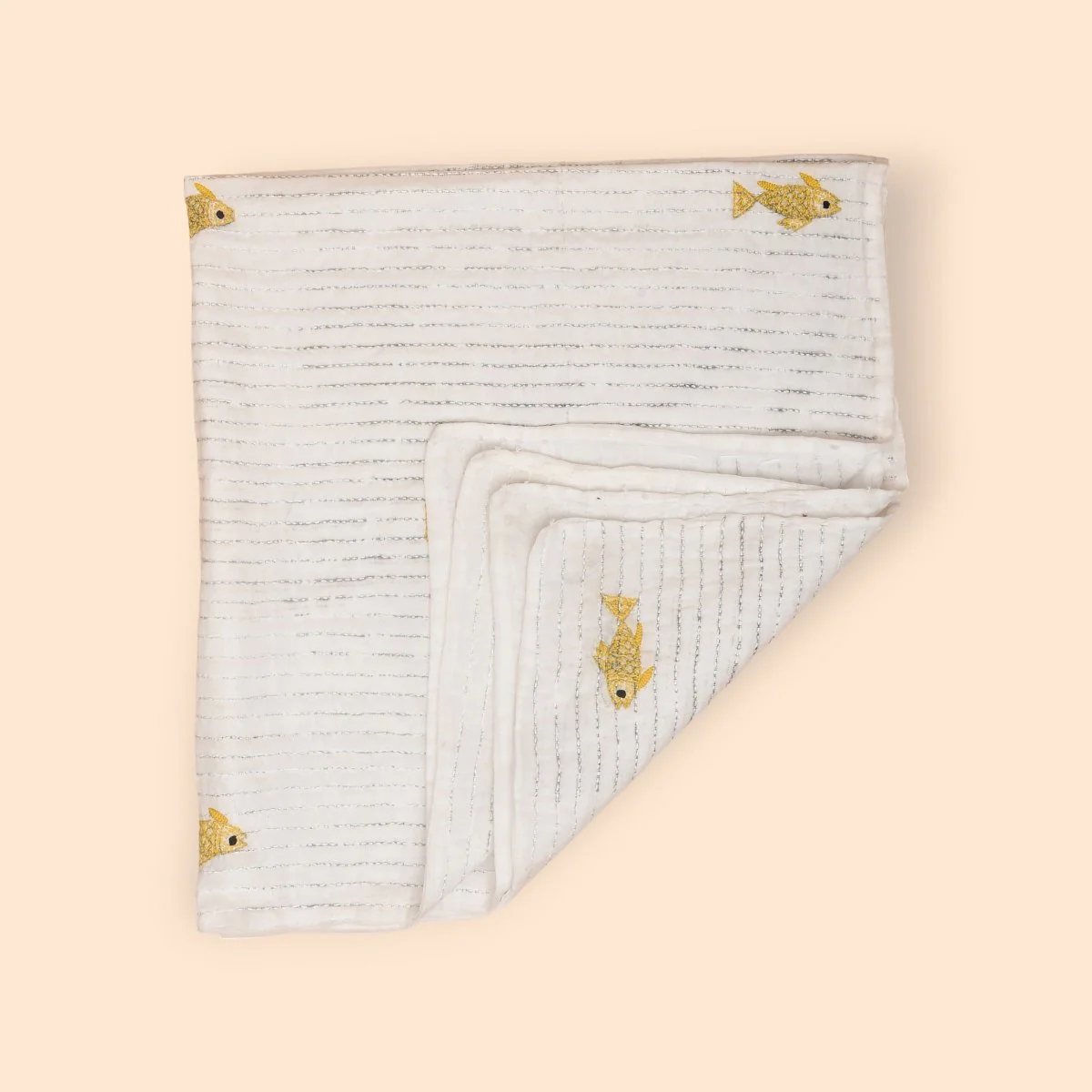 White Mulmul Fish Design Hand Embroidered Baby Nakshi Kantha - Image 16