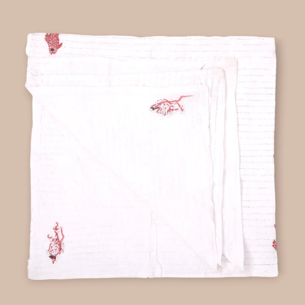 White Mulmul Fish Design Hand Embroidered Baby Nakshi Kantha - Image 4