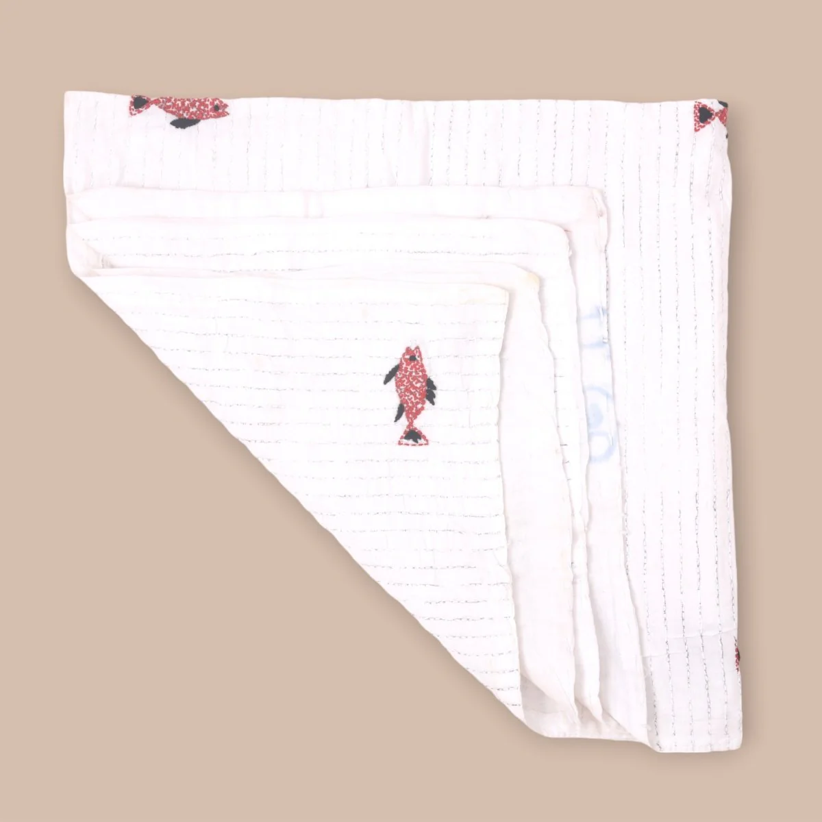 White Mulmul Fish Design Hand Embroidered Baby Nakshi Kantha - Image 9