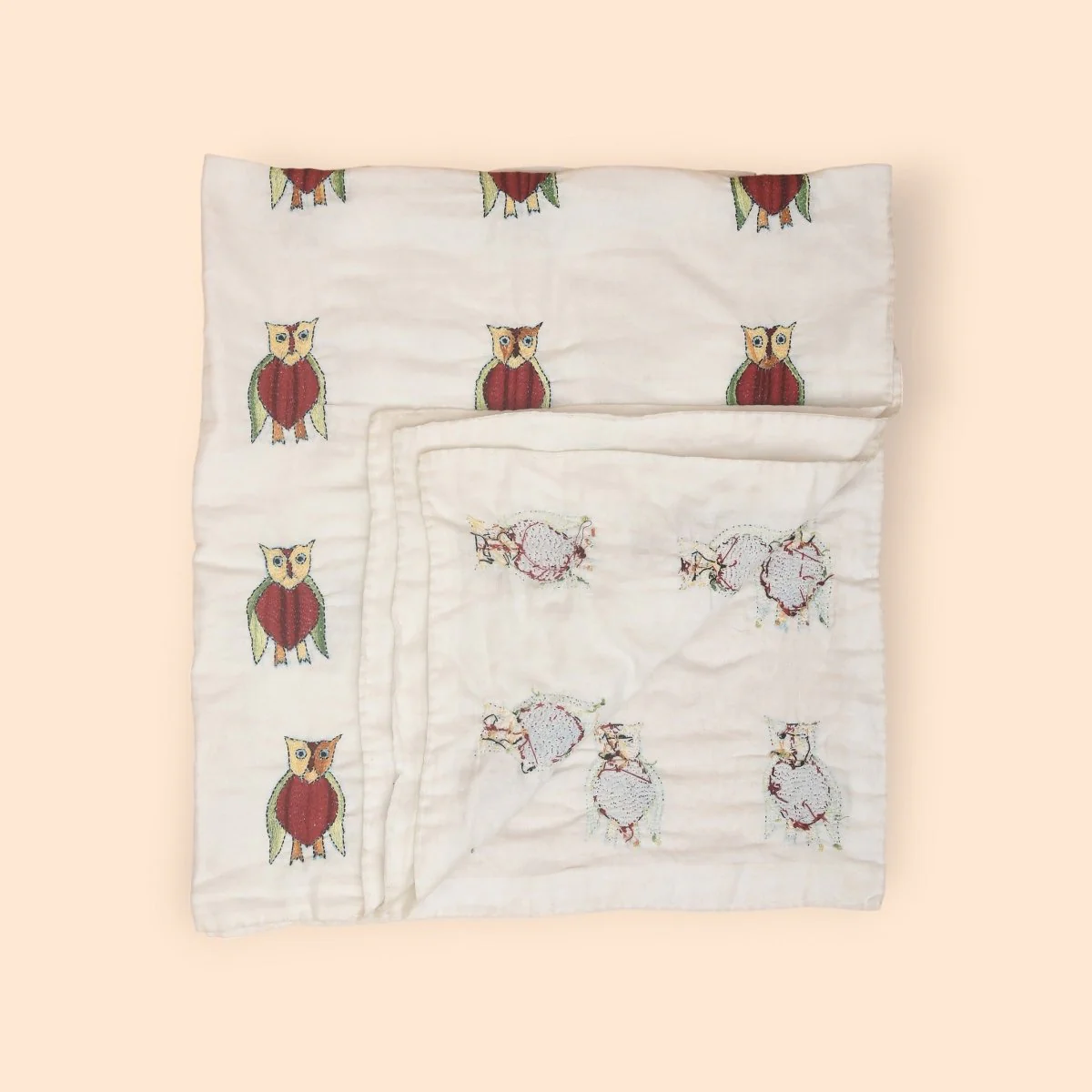 White Mulmul Hand Embroidered Baby Nakshi Kantha(Owl/ Flamingo Design) - Image 3