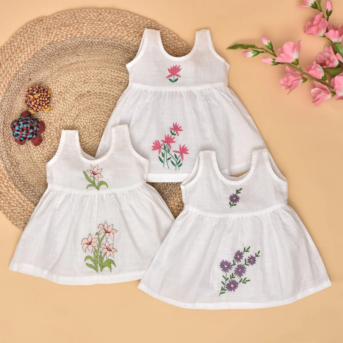 White Pure Cotton Hand Embroidered Baby Dress Combo-Set of 3 - Image 10
