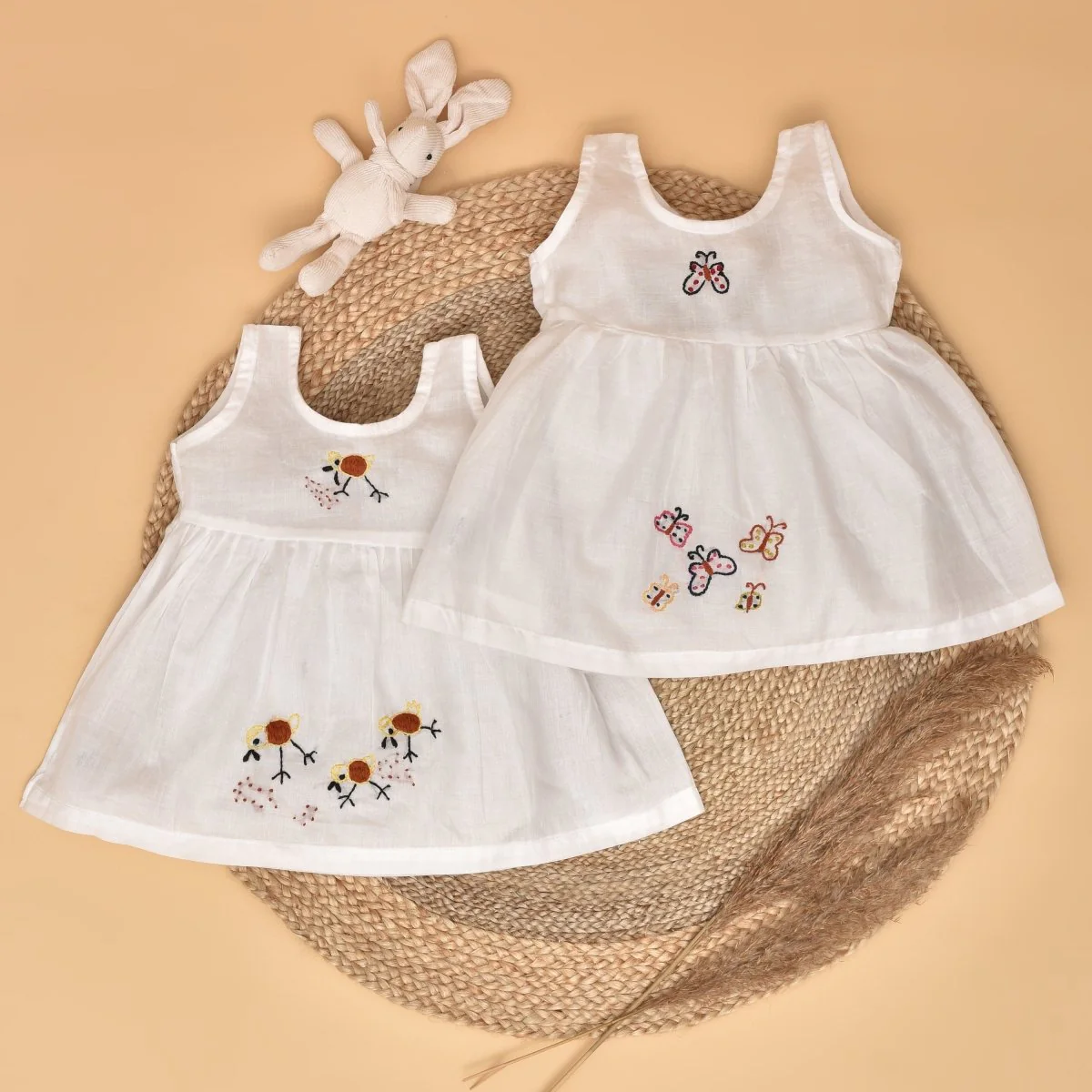 White Pure Mulmul Hand Embroidered Baby Dress Combo-Set of 2 - Image 15