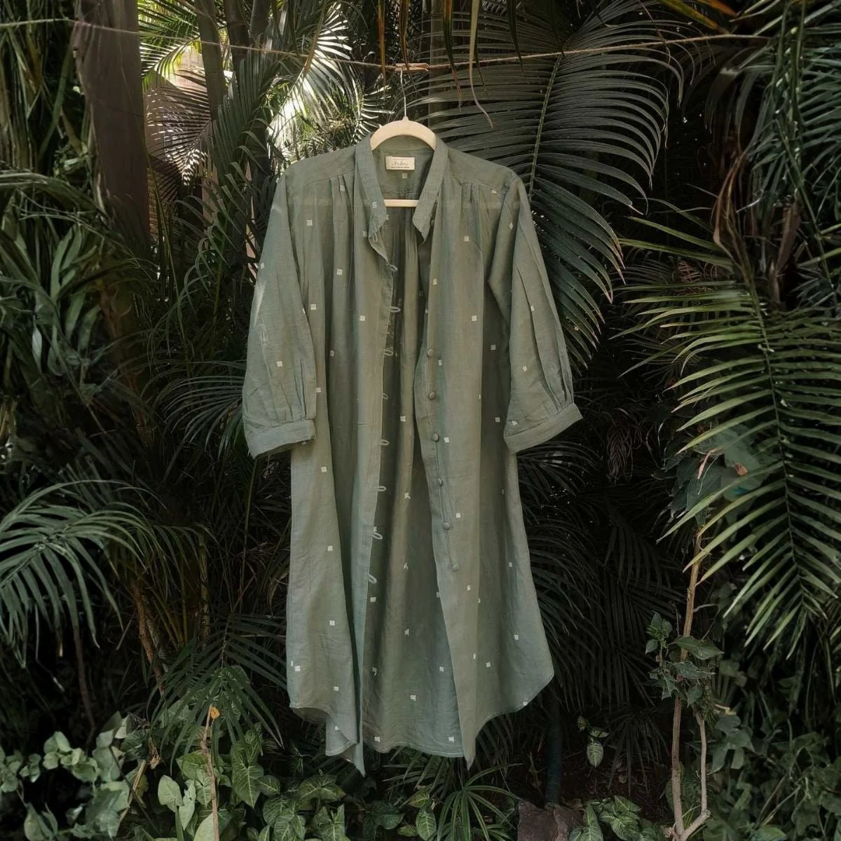 Willow Long Shirt in Jamdani Cotton Olive Green - Image 2